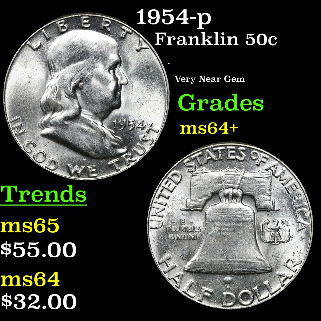 1954-p Franklin Half Dollar 50c Grades Choice+ Unc (1 of 3)