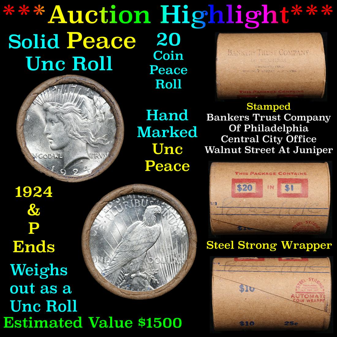 ***Auction Highlight*** Solid Uncirculated Peace silver dollar roll 1924 & P Ends, 20 coins (fc) (1 of 1)