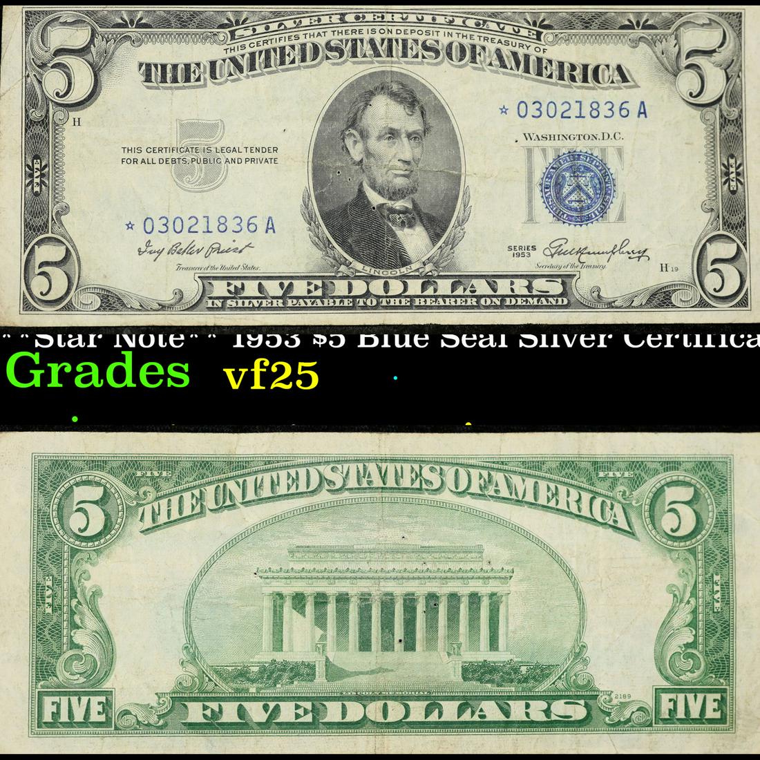 **Star Note** 1953 $5 Blue Seal Silver Certificate Grades vf+ (1 of 3)