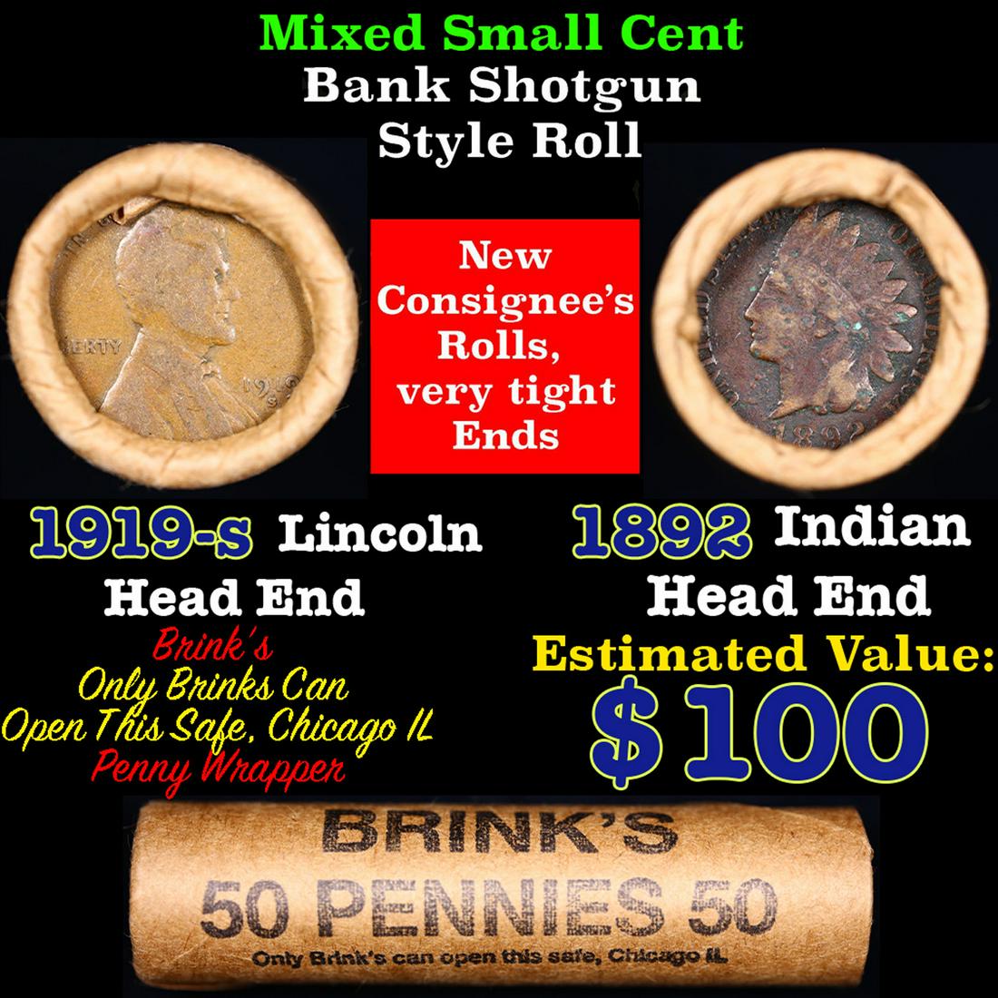 Mixed small cents 1c orig shotgun roll, 1919-s Wheat Cent, 1892 Indian Cent other end, brinks (1 of 4)