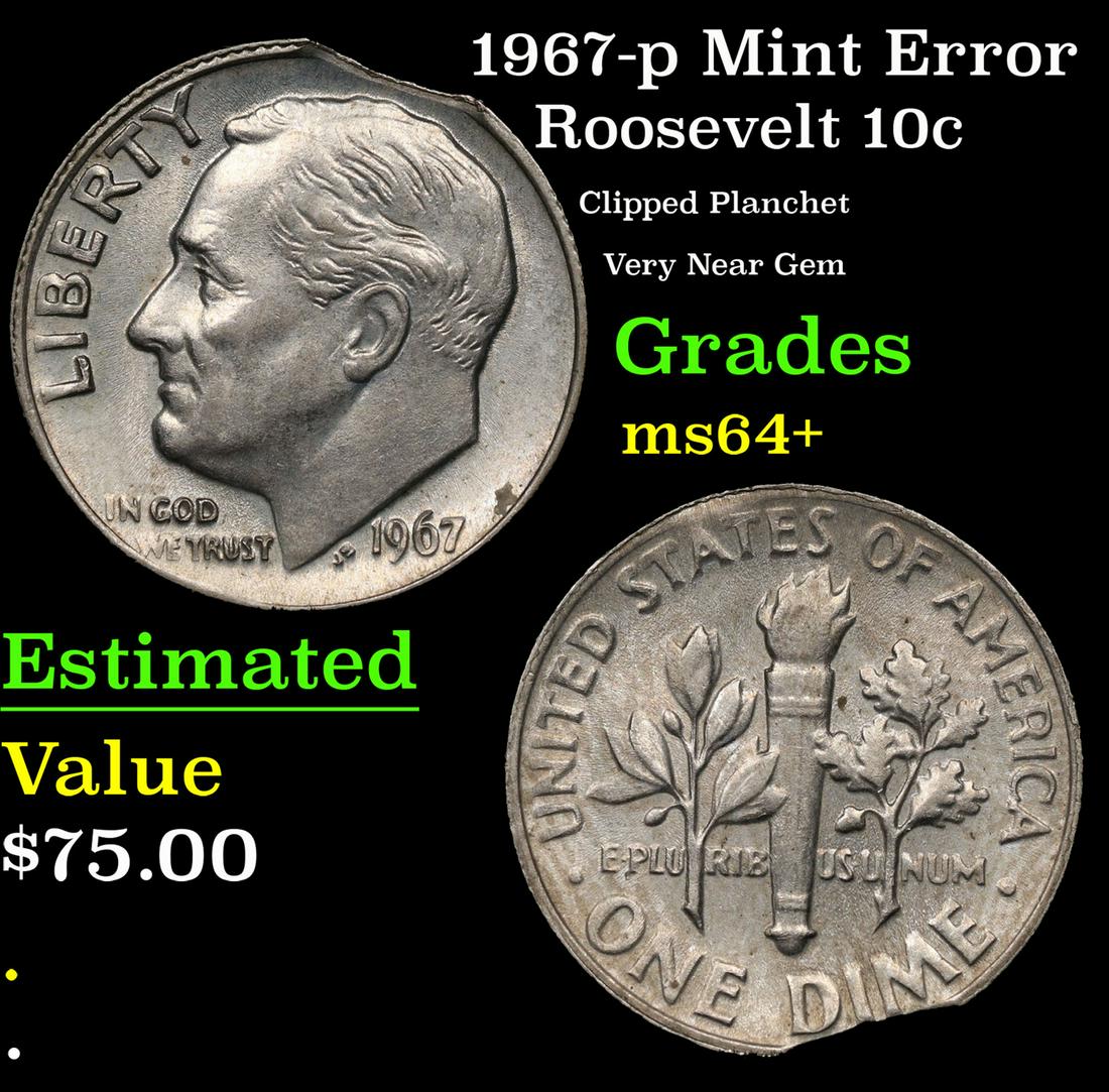 1967-p Roosevelt Dime Mint Error 10c Grades Choice+ Unc (1 of 3)