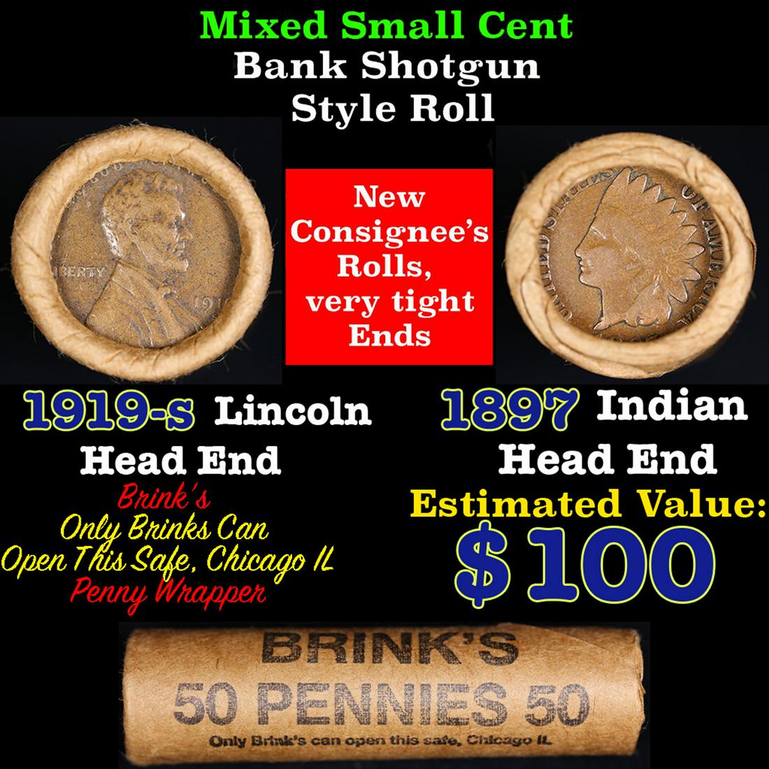 Mixed small cents 1c orig shotgun roll, 1919-s Wheat Cent, 1897 Indian Cent other end, Brinks (1 of 4)