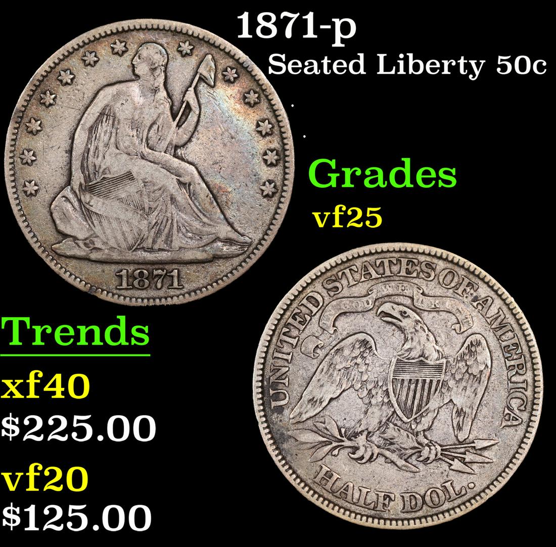 1871-p Seated Half Dollar 50c Grades vf+ (1 of 3)