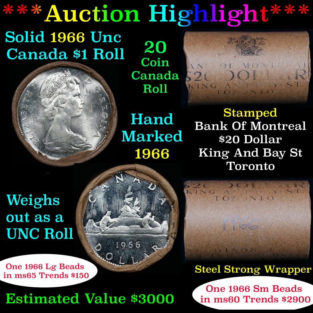 ***Auction Highlight*** Full Roll of Silver 1966 Canadian Dollar with Queen Elizabeth II, 20 Coins i (1 of 5)