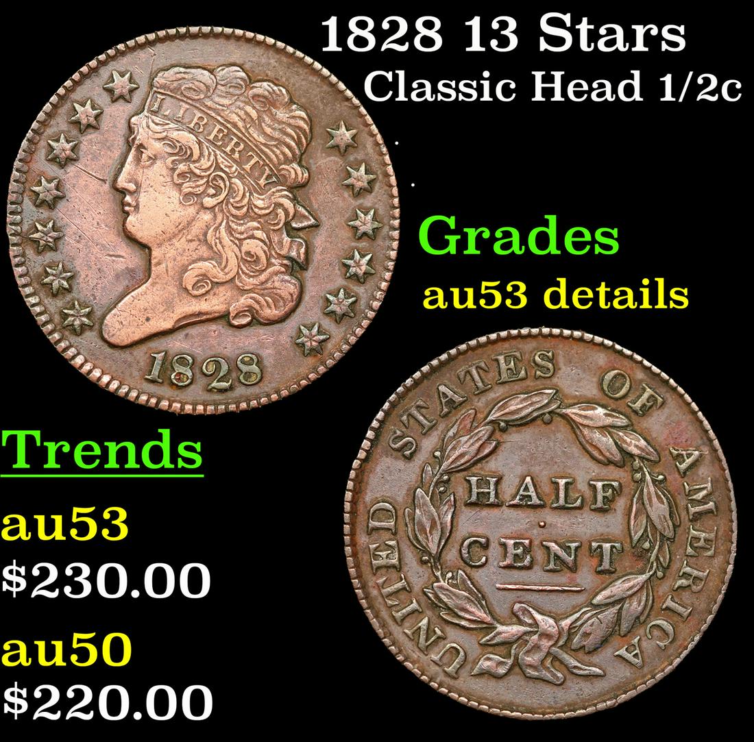 1828 13 Stars Classic Head half cent 1/2c Grades AU Details (1 of 3)