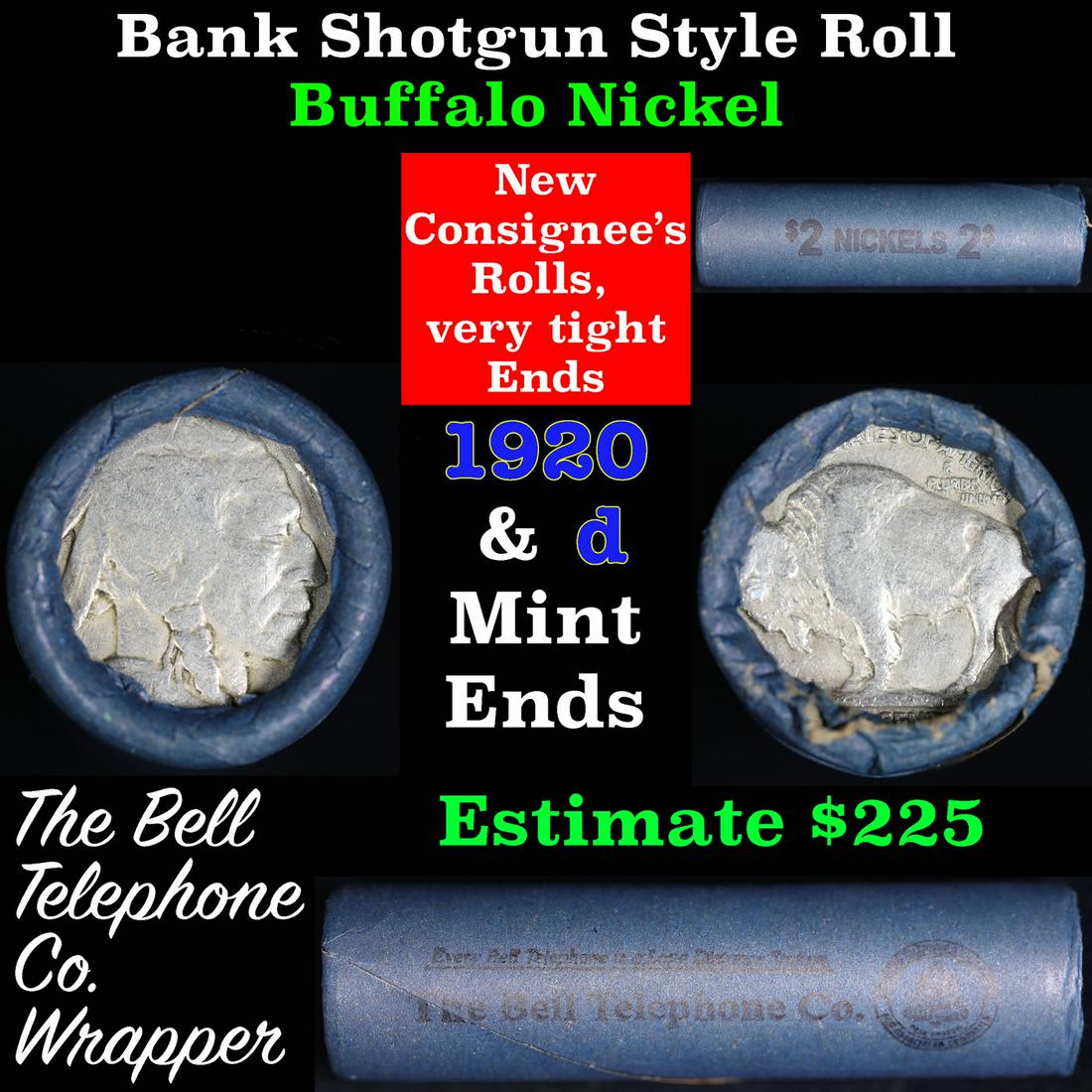 Buffalo Nickel Shotgun Roll in Old Bank Style 'Bell Telephone' Wrapper 1920 & d Mint Ends: Buffalo Nickel Shotgun Roll in Old Bank Style 'Bell Telephone' Wrapper 1920 & d Mint Ends. The roll is held in an old, rare "Bell Telephone Co." Bank style wrapper. This is the Bell Telephone logo fro