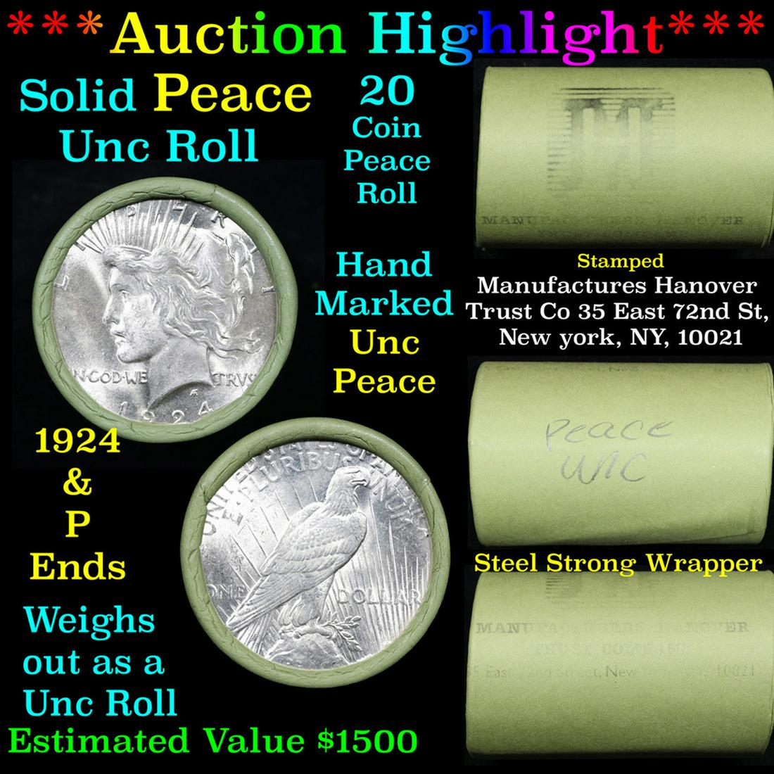 ***Auction Highlight*** Solid Uncirculated Peace silver dollar roll 1924 & P Ends, 20 coins (fc) (1 of 6)