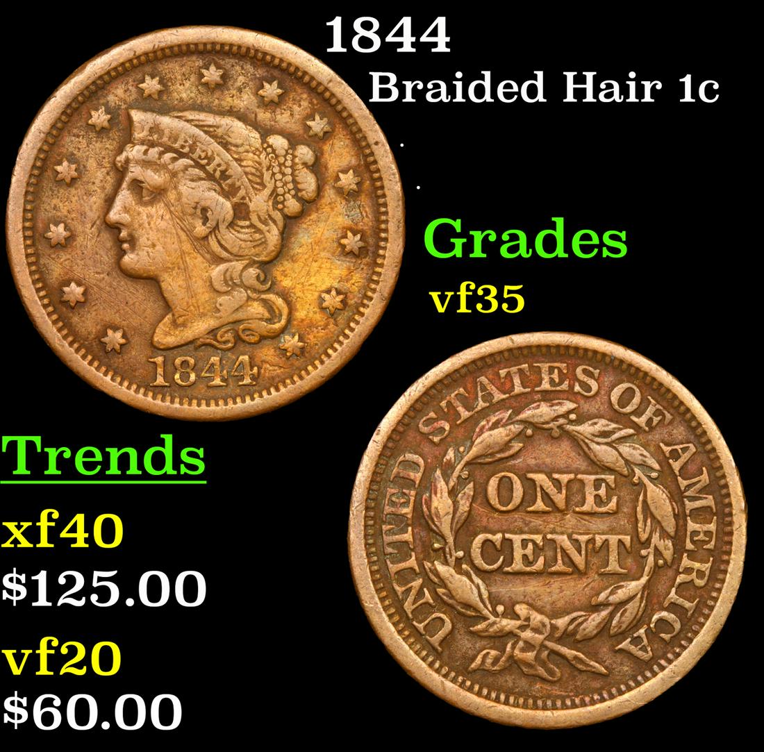 1844 Braided Hair Large Cent 1c Grades vf++ (1 of 3)