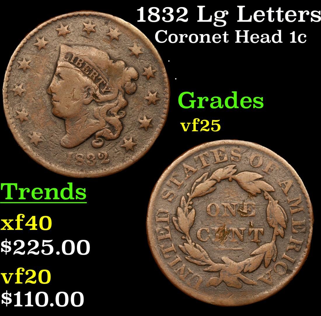 1832 Lg Letters Coronet Head Large Cent 1c Grades vf+ (1 of 3)