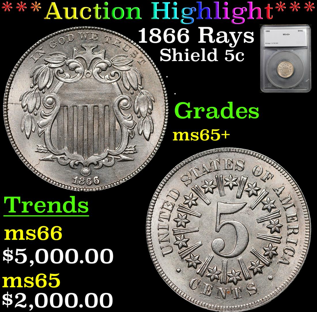 ***Auction Highlight*** 1866 Rays Shield Nickel 5c Graded ms65+ By SEGS (fc) (1 of 5)