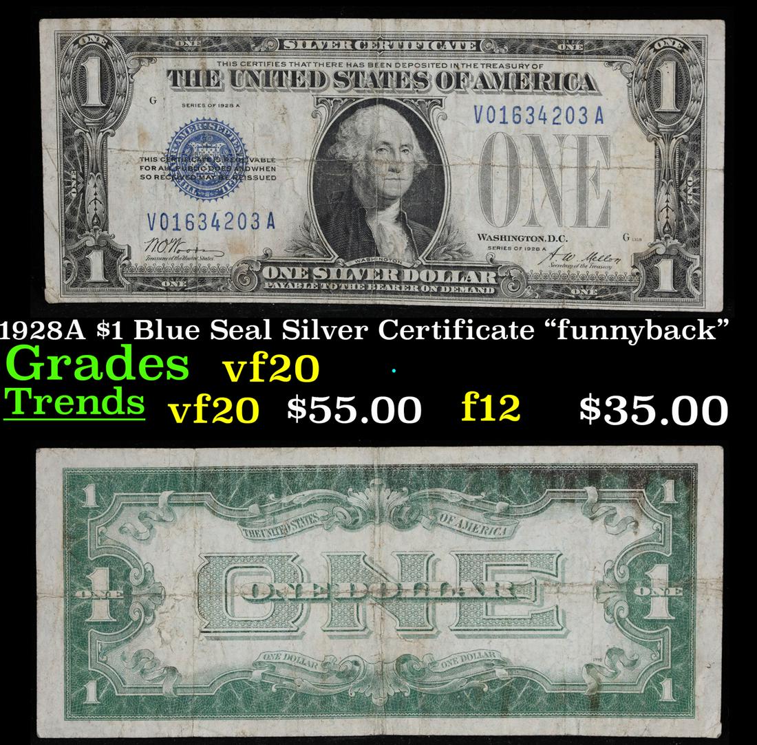 1928A $1 Blue Seal Silver Certificate "funnyback" Grades vf, very fine (1 of 3)