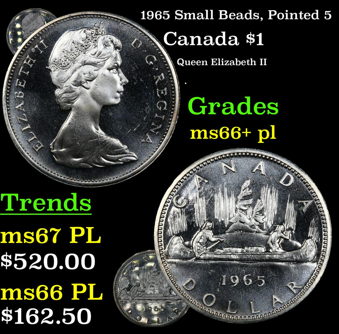 1965 Small Beads, Pointed 5 Canada Dollar $1 Grades GEM++ PL (1 of 7)