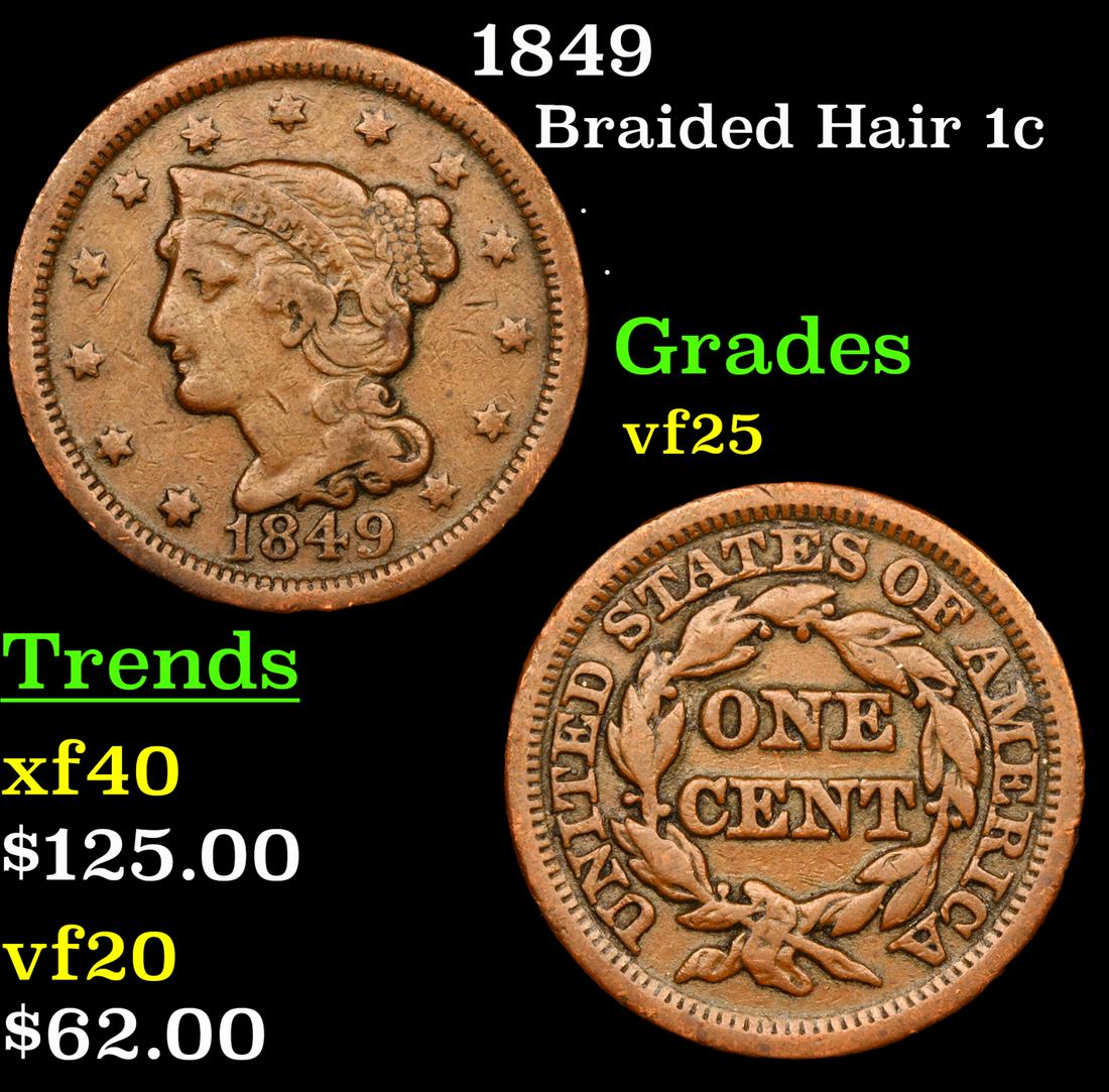 1849 Braided Hair Large Cent 1c Grades vf+ (1 of 3)