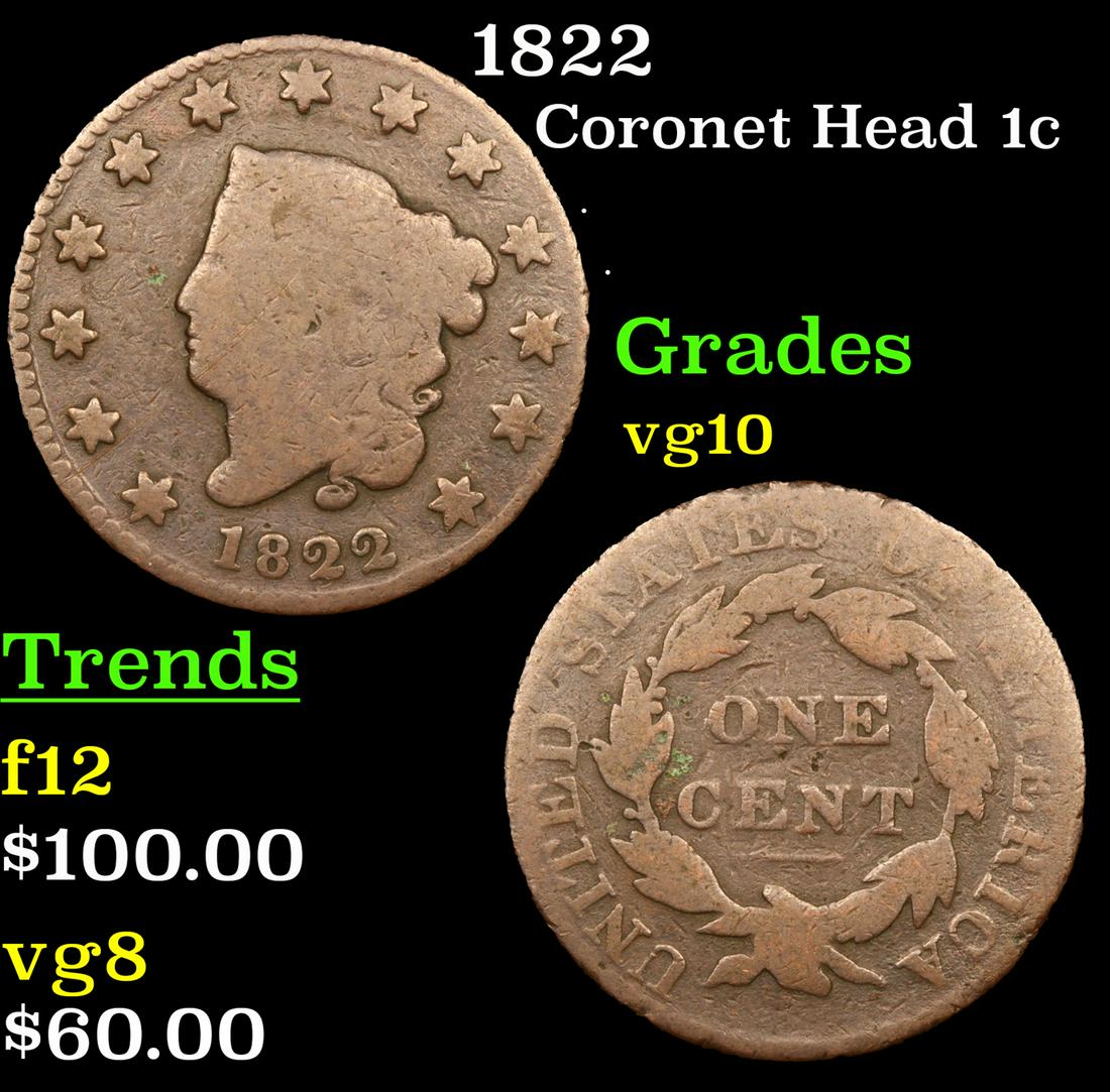 1822 Coronet Head Large Cent 1c Grades vg+ (1 of 3)