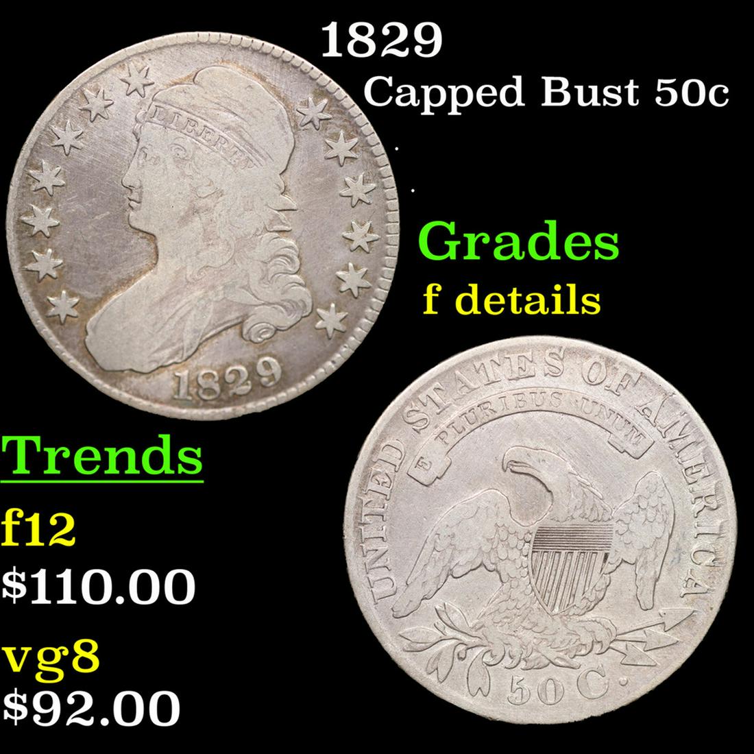 1829 Capped Bust Half Dollar 50c Grades f details (1 of 3)