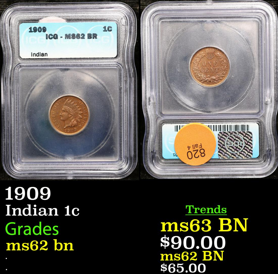 1909 Indian Cent 1c Graded ms62 bn By ICG (1 of 3)