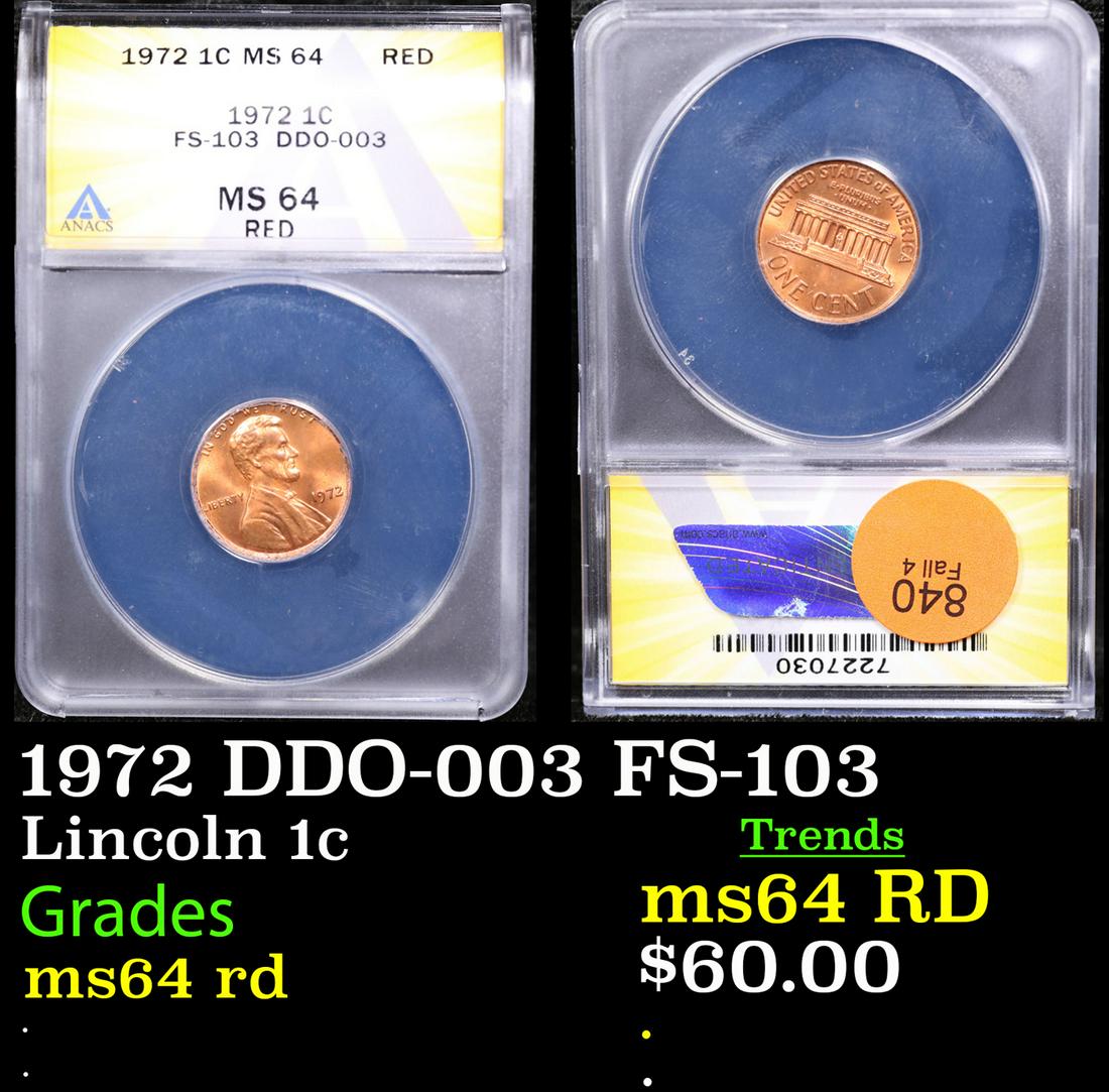 ANACS 1972 DDO-003 FS-103 Lincoln Cent 1c Graded ms64 rd By ANACS (1 of 3)
