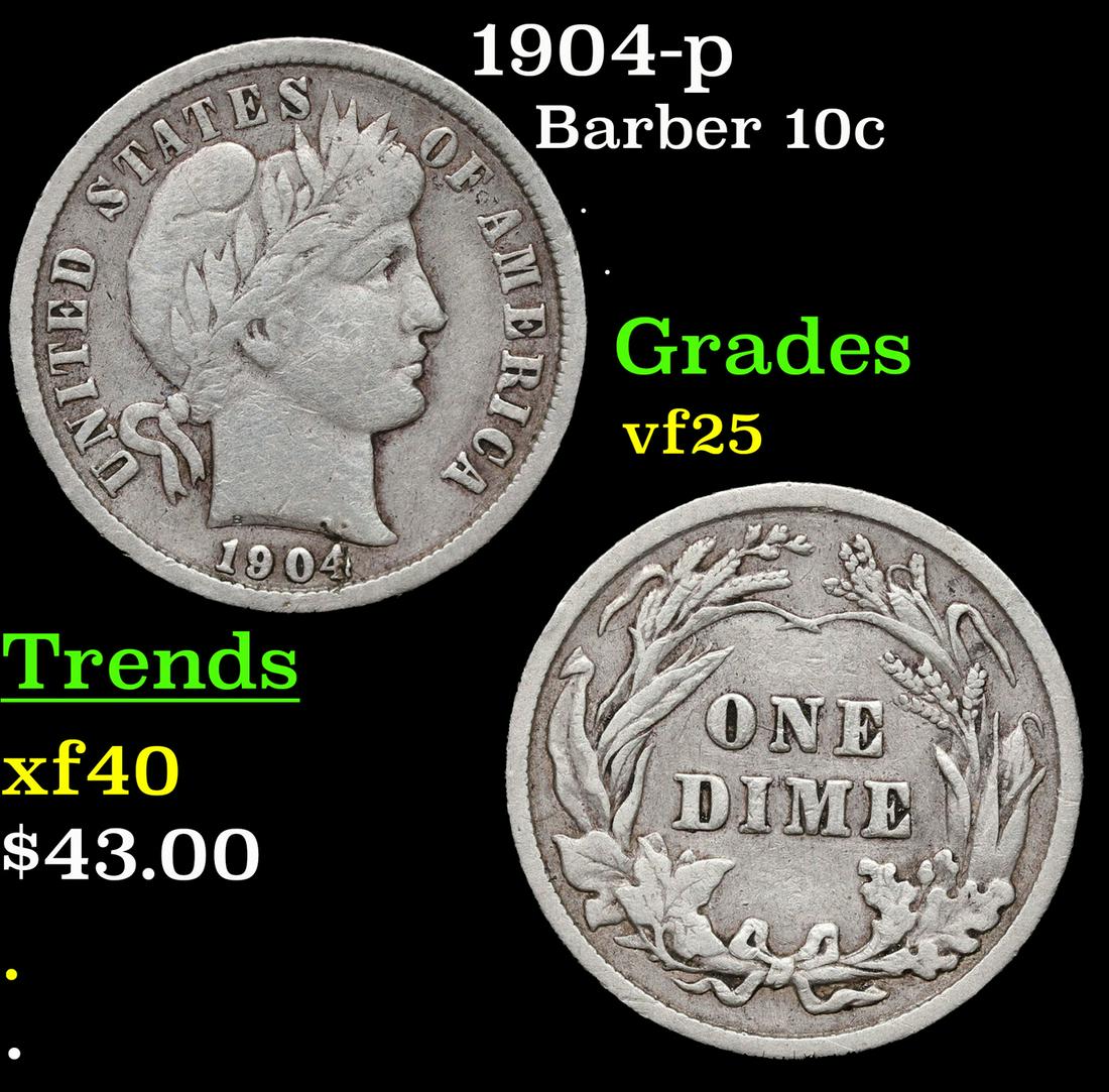 1904-p Barber Dime 10c Grades vf+ (1 of 3)