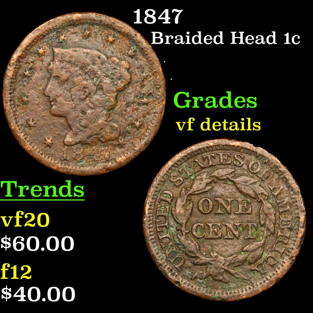 1847 13 Stars Braided Hair Large Cent 1c Grades vf details (1 of 3)