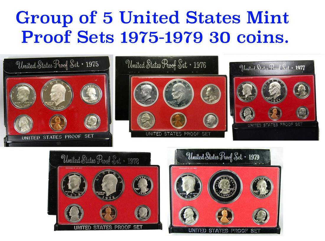 Group of 5 United States Mint Proof Sets 1975-1979 30 coins: Group of 5 United States Mint Proof Sets 1975-1979 30 coins. Group of 4 United States Proof Sets 1975-1979 30 coins. Every set contain Eisenhower Dollar, Kennedy Half Dollar, Washington Quarter, Roose