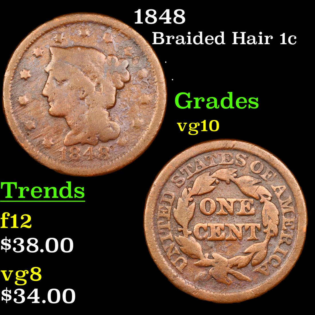 1848 Braided Hair Large Cent 1c Grades vg+ (1 of 3)