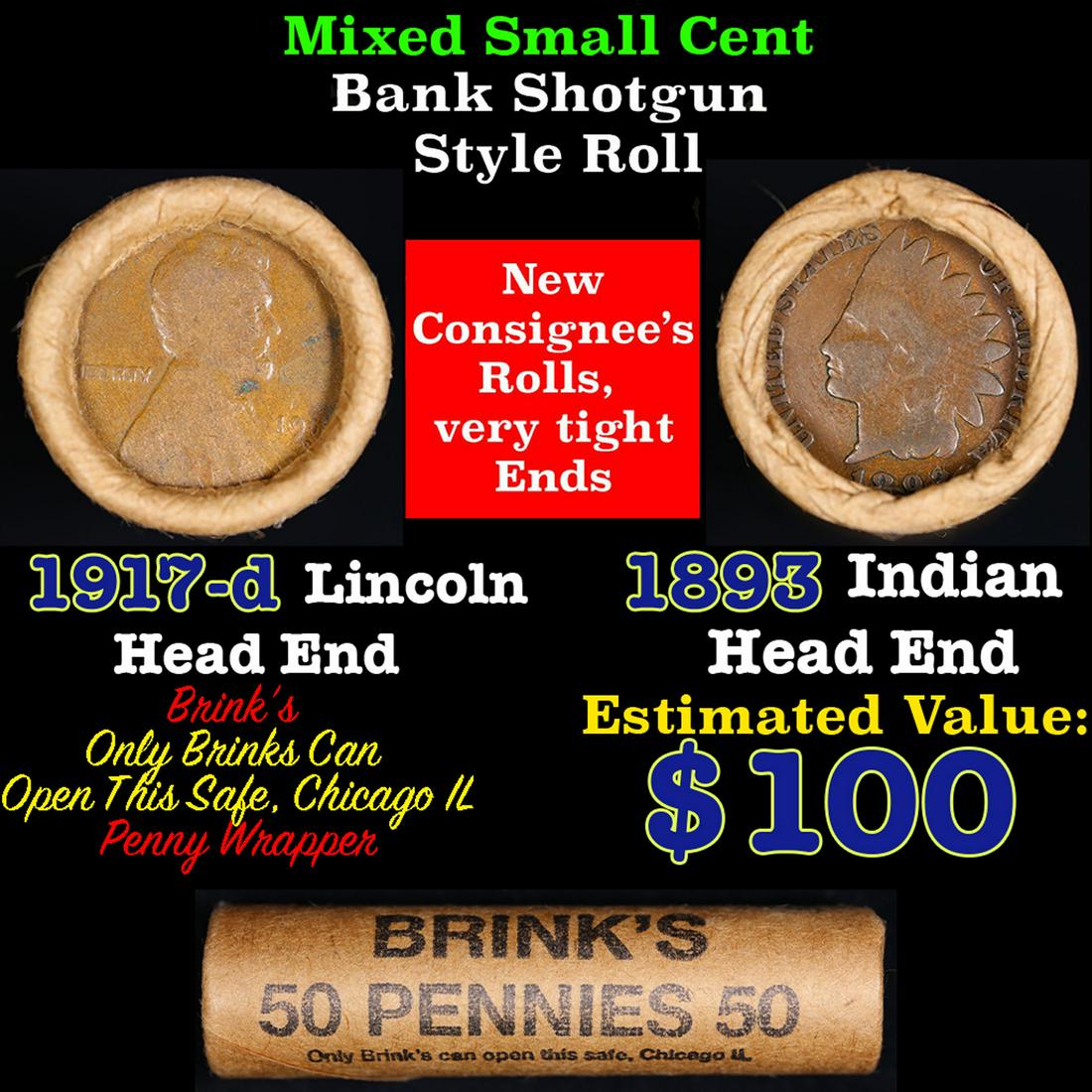 Mixed small cents 1c orig shotgun roll, 1917-d Wheat Cent, 1893 Indian Cent other end, Brinks (1 of 4)