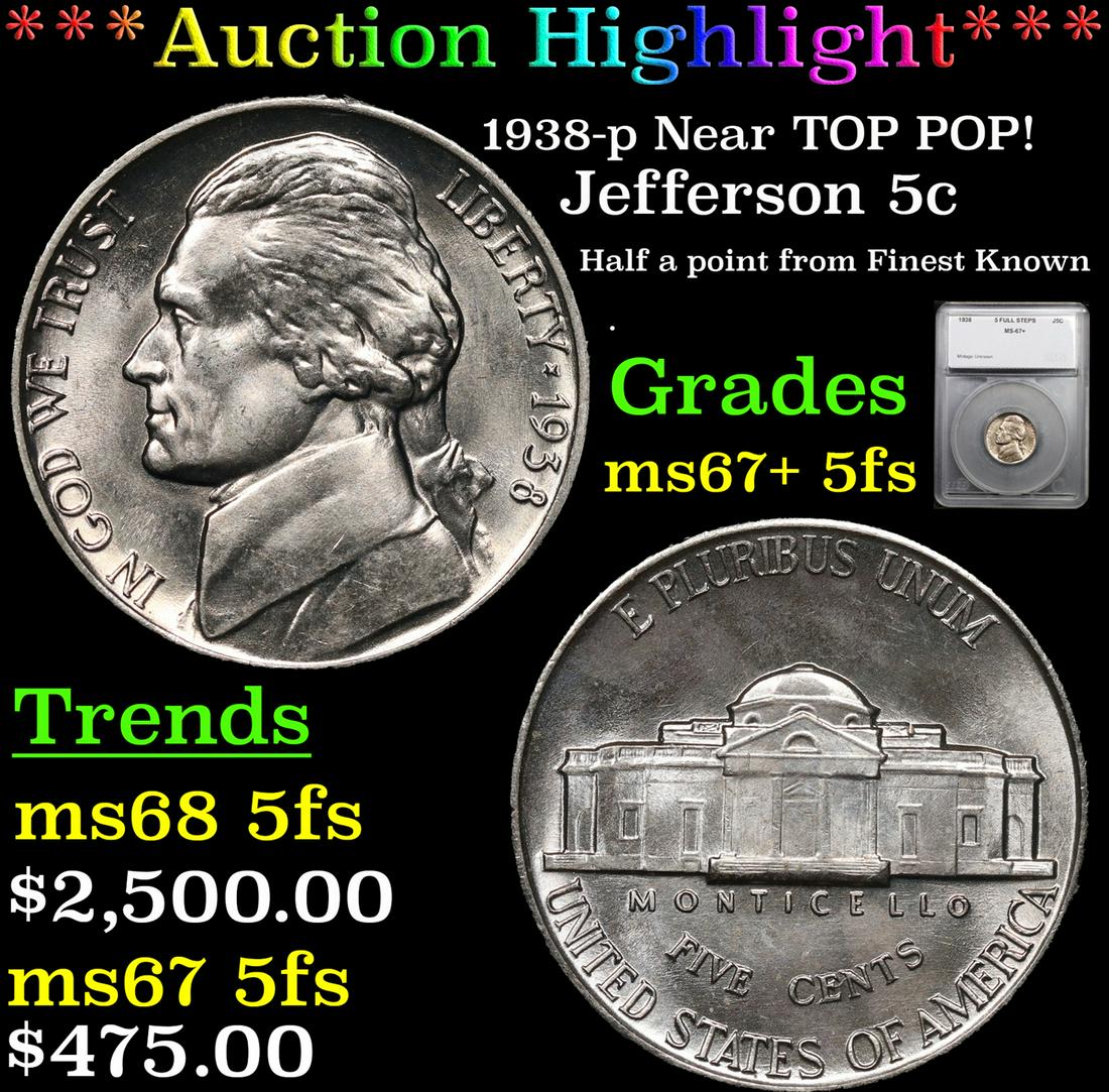 ***Auction Highlight*** 1938-p Jefferson Nickel Near TOP POP! 5c Graded ms67+ 5fs By SEGS (fc) (1 of 5)