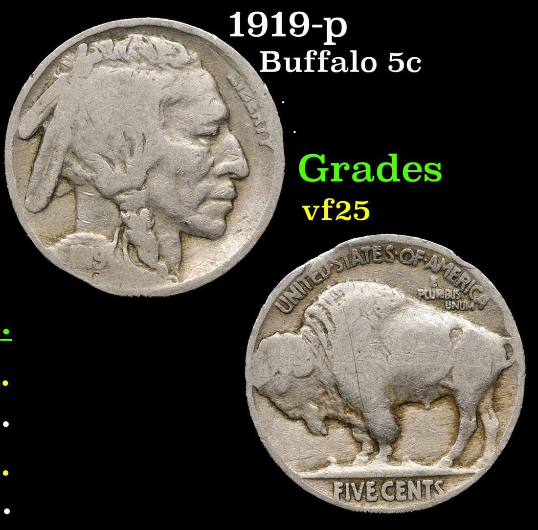 1919-p Buffalo Nickel 5c Grades vf+ (1 of 3)