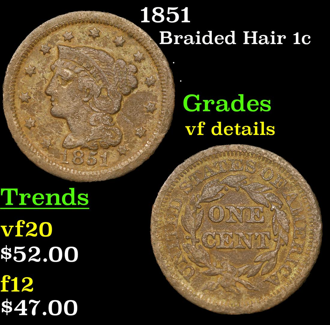 1851 Braided Hair Large Cent 1c Grades vf details (1 of 3)