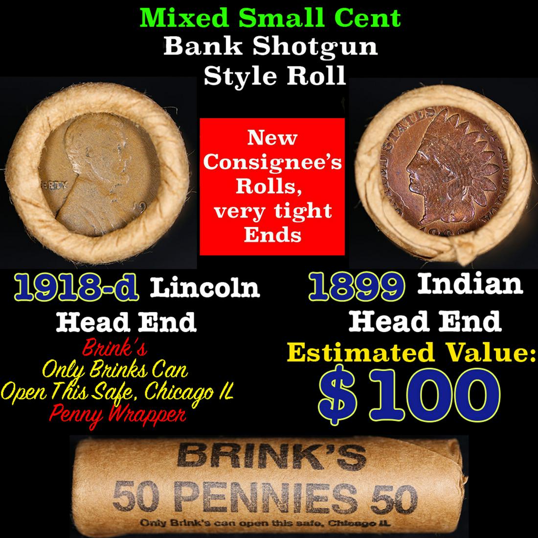 Mixed small cents 1c orig shotgun roll, 1918-d Lincoln cent, 1899 Indian Cent other end, Brinks (1 of 4)