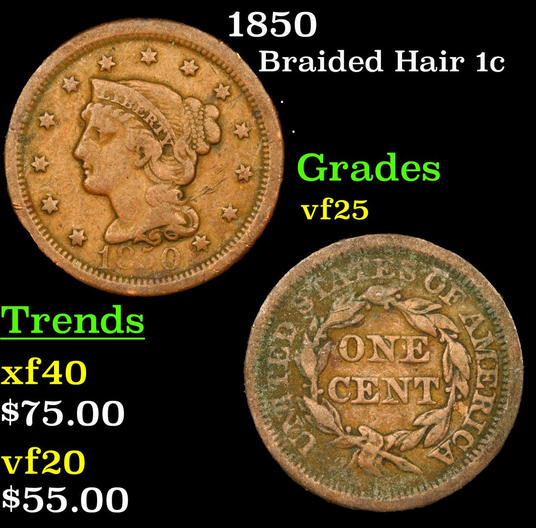 1850 Braided Hair Large Cent 1c Grades vf+ (1 of 3)