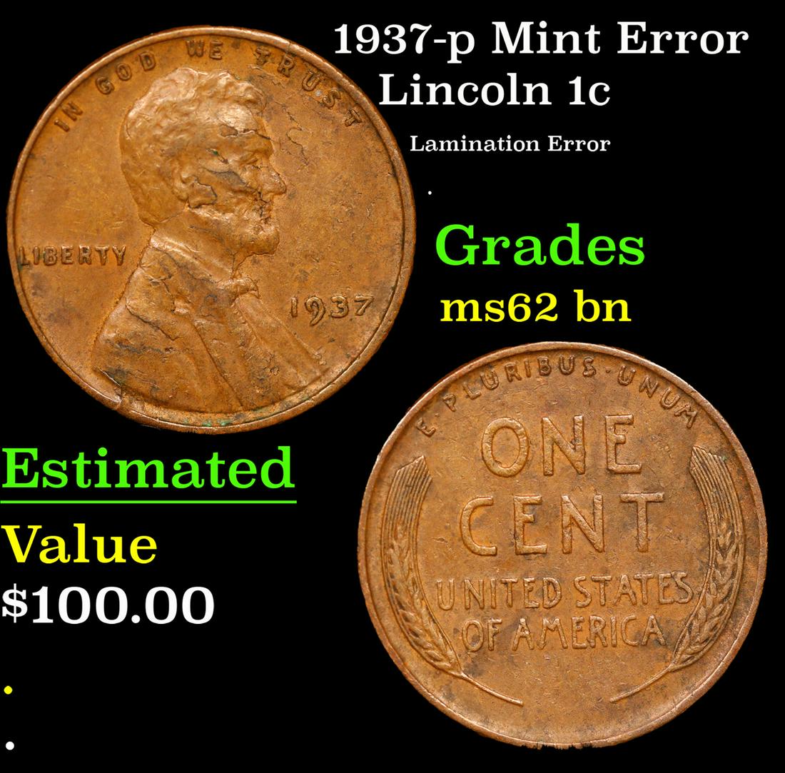 1937-p Lincoln Cent Mint Error 1c Grades Select Unc BN (1 of 3)