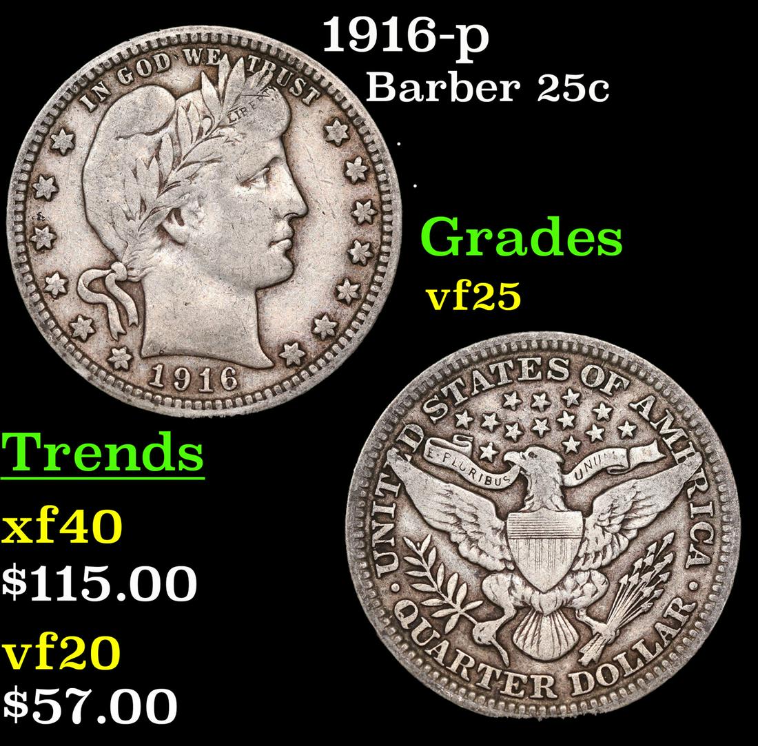 1916-p Barber Quarter 25c Grades vf+ (1 of 3)