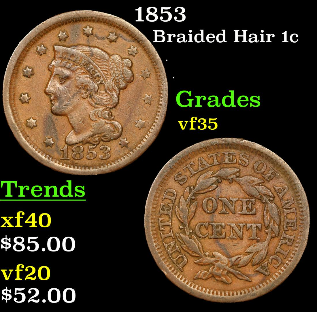 1853 Braided Hair Large Cent 1c Grades vf++ (1 of 3)