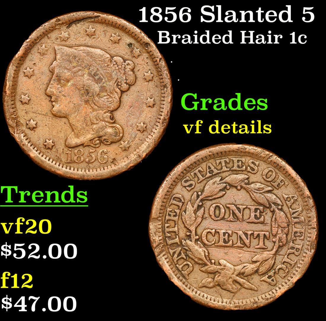 1856 Slanted 5 Braided Hair Large Cent 1c Grades vf details (1 of 3)