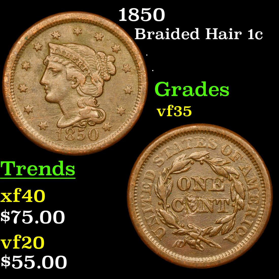 1850 Braided Hair Large Cent 1c Grades vf++ (1 of 3)