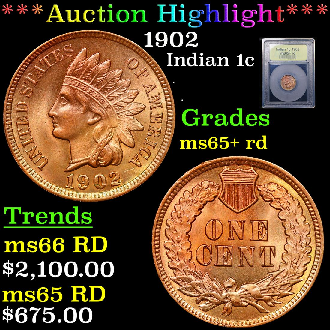 ***Auction Highlight*** 1902 Indian Cent 1c Graded Gem+ Unc RD By USCG (fc) (1 of 5)