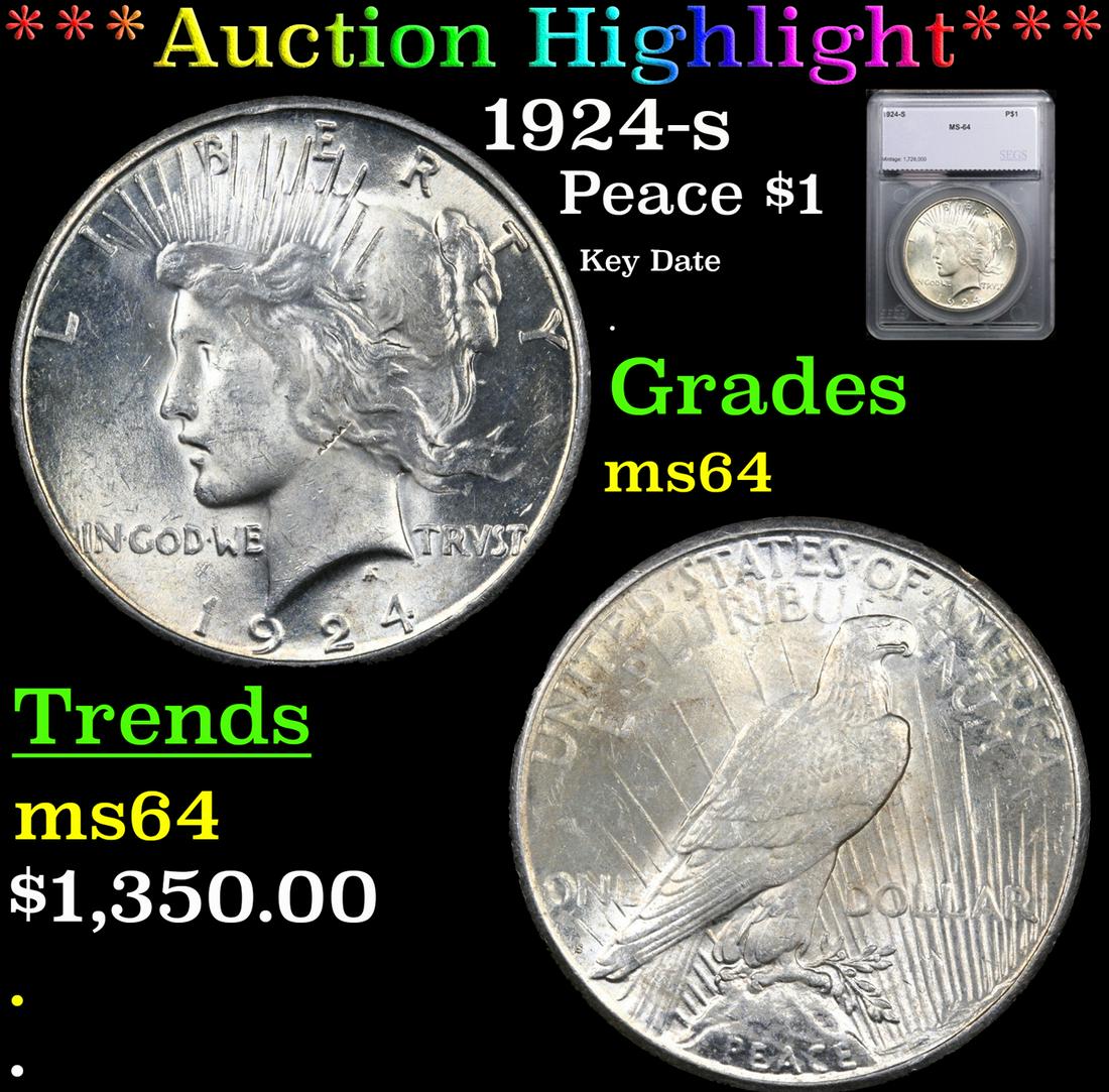 ***Auction Highlight*** 1924-s Peace Dollar $1 Graded ms64 By SEGS (fc) (1 of 5)