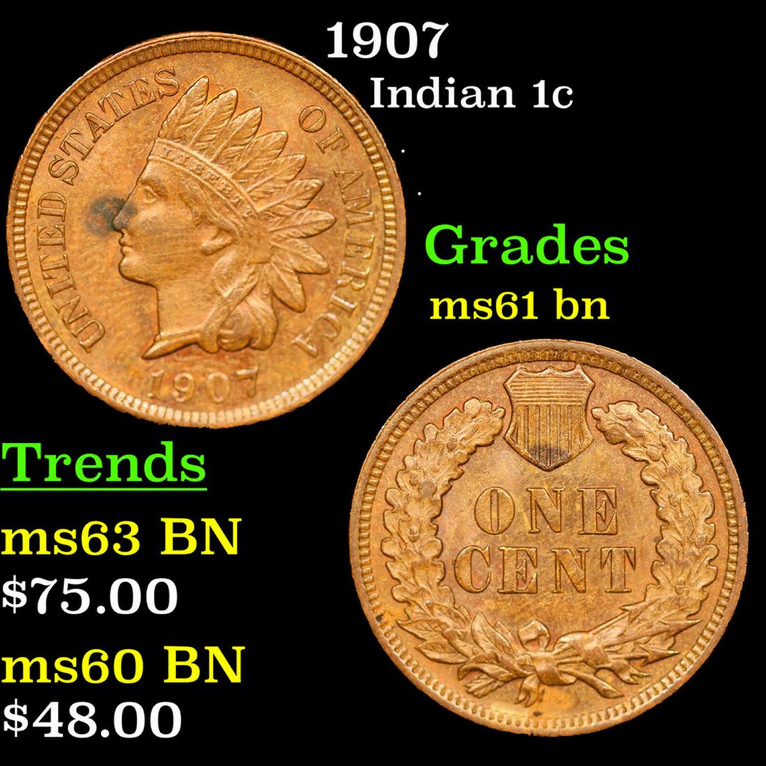 1907 Indian Cent 1c Grades Unc+ BN (1 of 3)