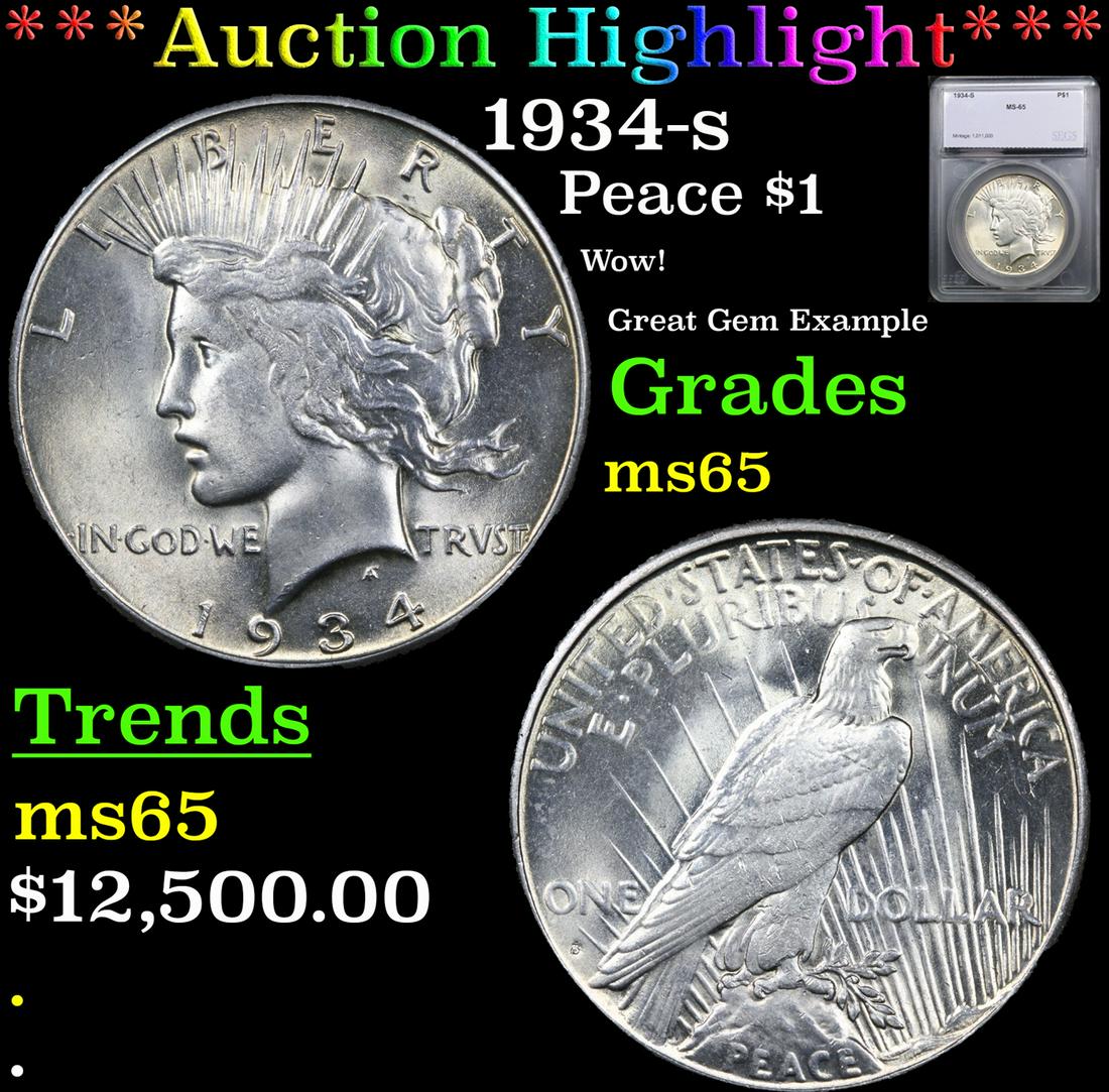 ***Auction Highlight*** 1934-s Peace Dollar $1 Graded ms65 By SEGS (fc) (1 of 5)