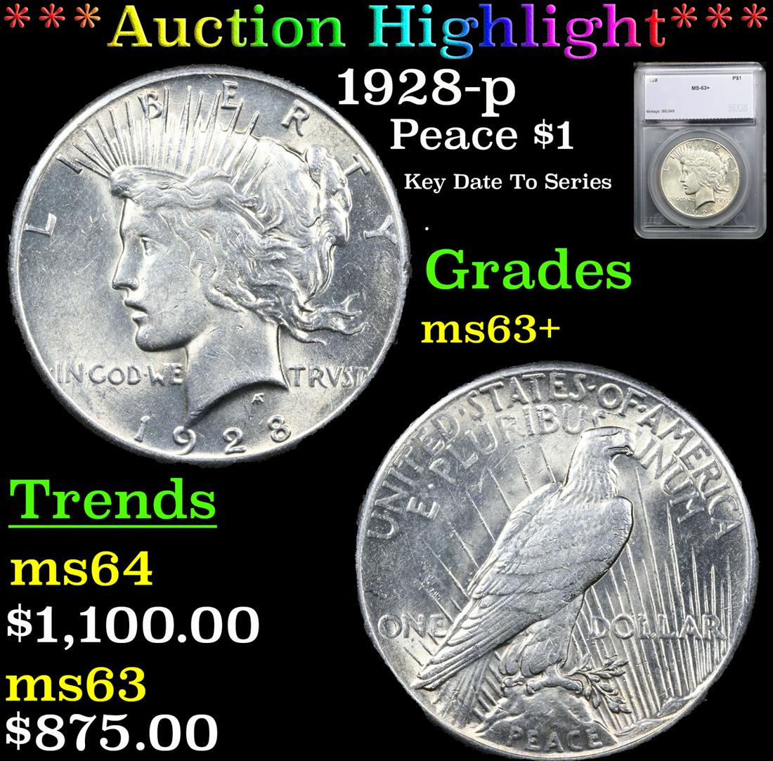 ***Auction Highlight*** 1928-p Peace Dollar $1 Graded ms63+ By SEGS (fc) (1 of 5)