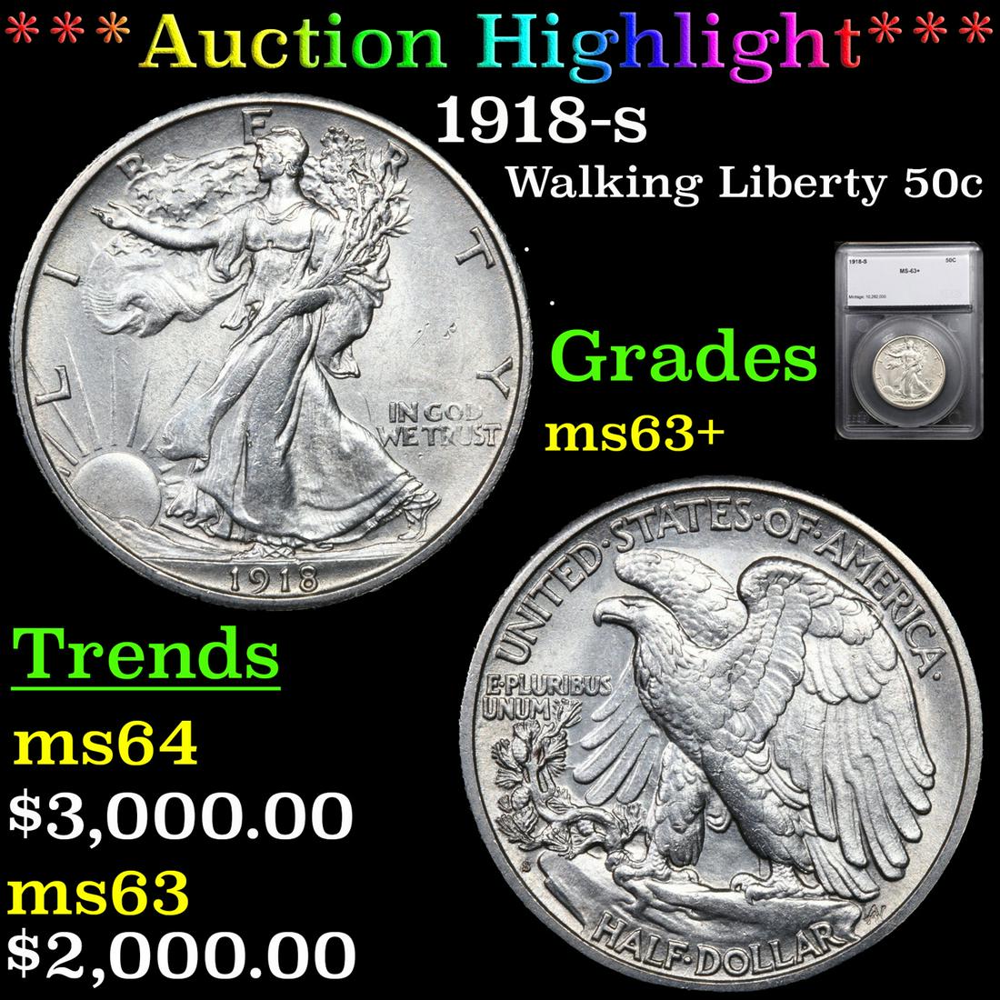 ***Auction Highlight*** 1918-s Walking Liberty Half Dollar 50c Graded Select+ Unc By USCG (fc) (1 of 5)