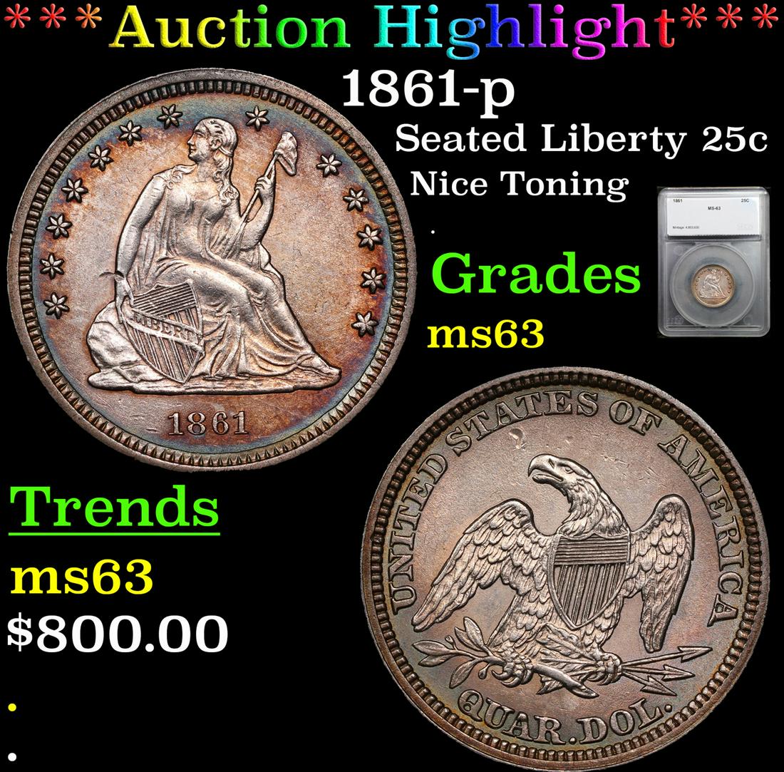 ***Auction Highlight*** 1861-p Seated Liberty Quarter 25c Graded ms63 By SEGS (fc) (1 of 5)