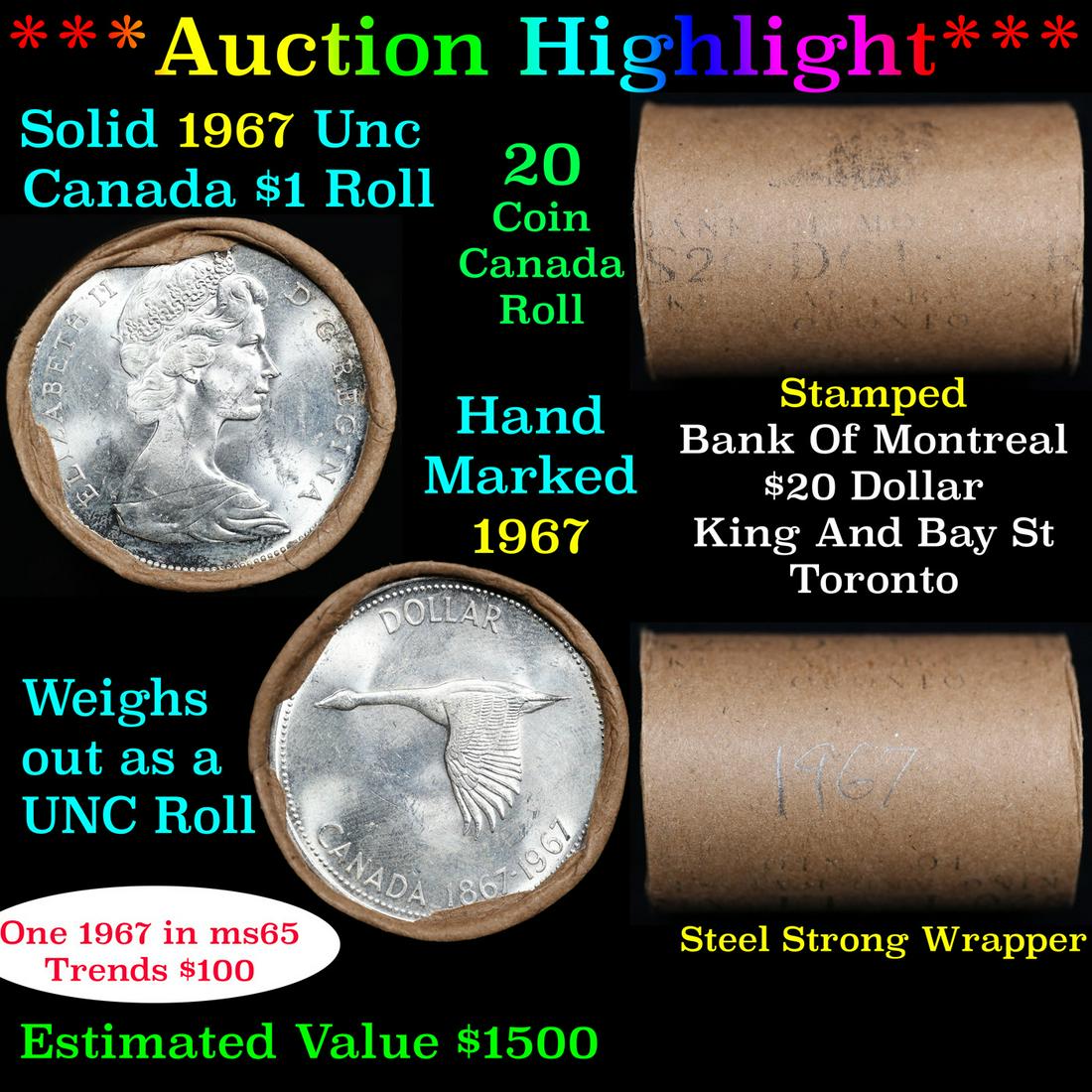 ***Auction Highlight*** Full Roll of Silver 1967 Canadian Dollar with Queen Elizabeth II, 20 Coins (1 of 5)