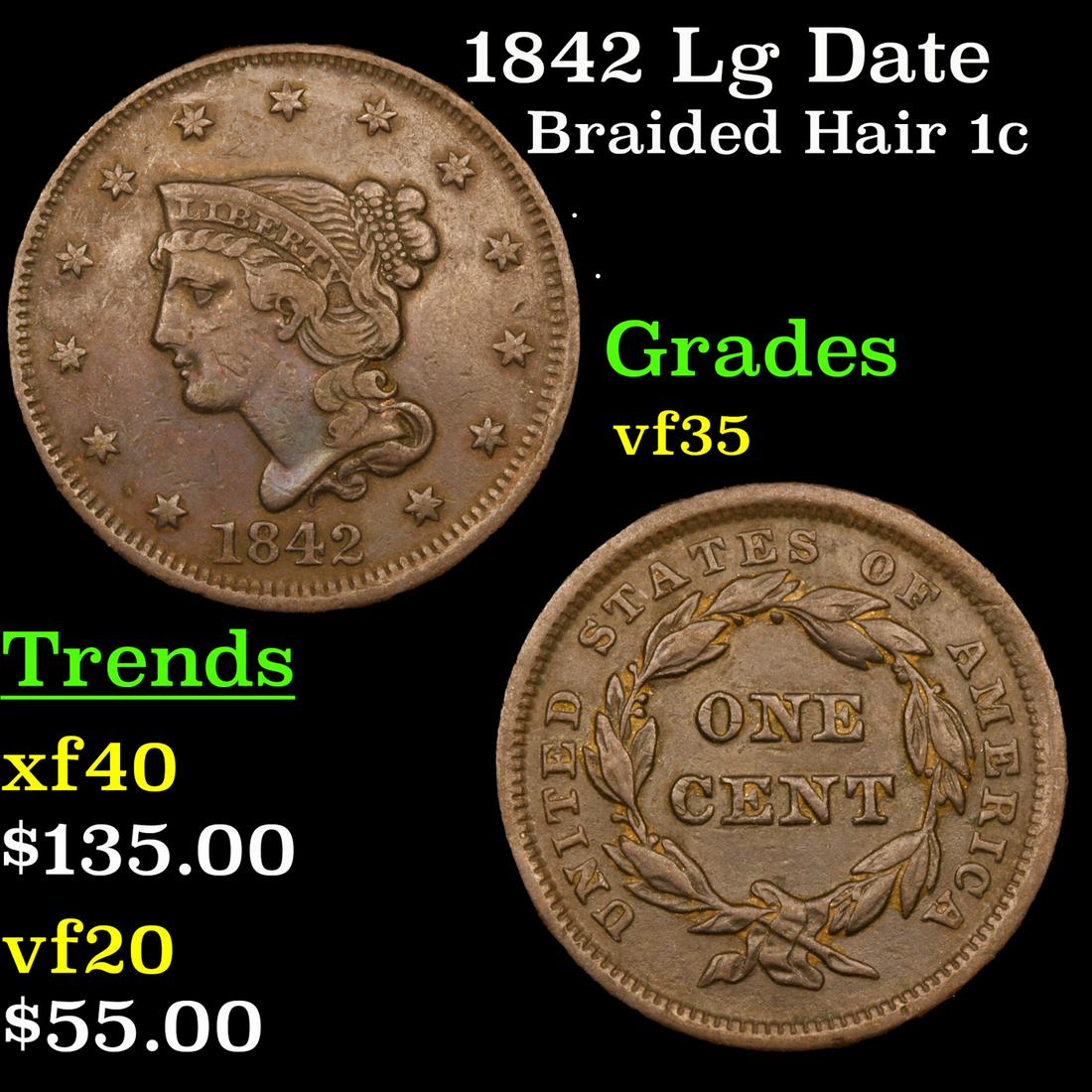 1842 Lg Date Braided Hair Large Cent 1c Grades vf++ (1 of 3)