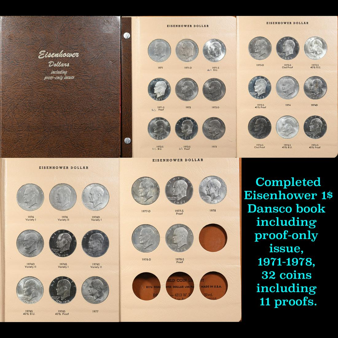Completed Eisenhower 1$ Dansco book including proof-only issue, 1971-1978, 32 coins including 11 (1 of 6)