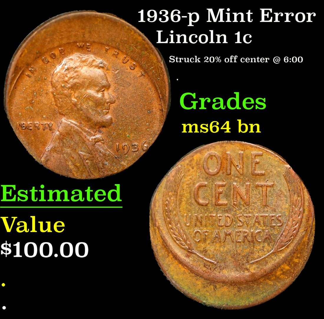 1936-p Lincoln Cent Mint Error 1c Grades Choice Unc BN (1 of 3)