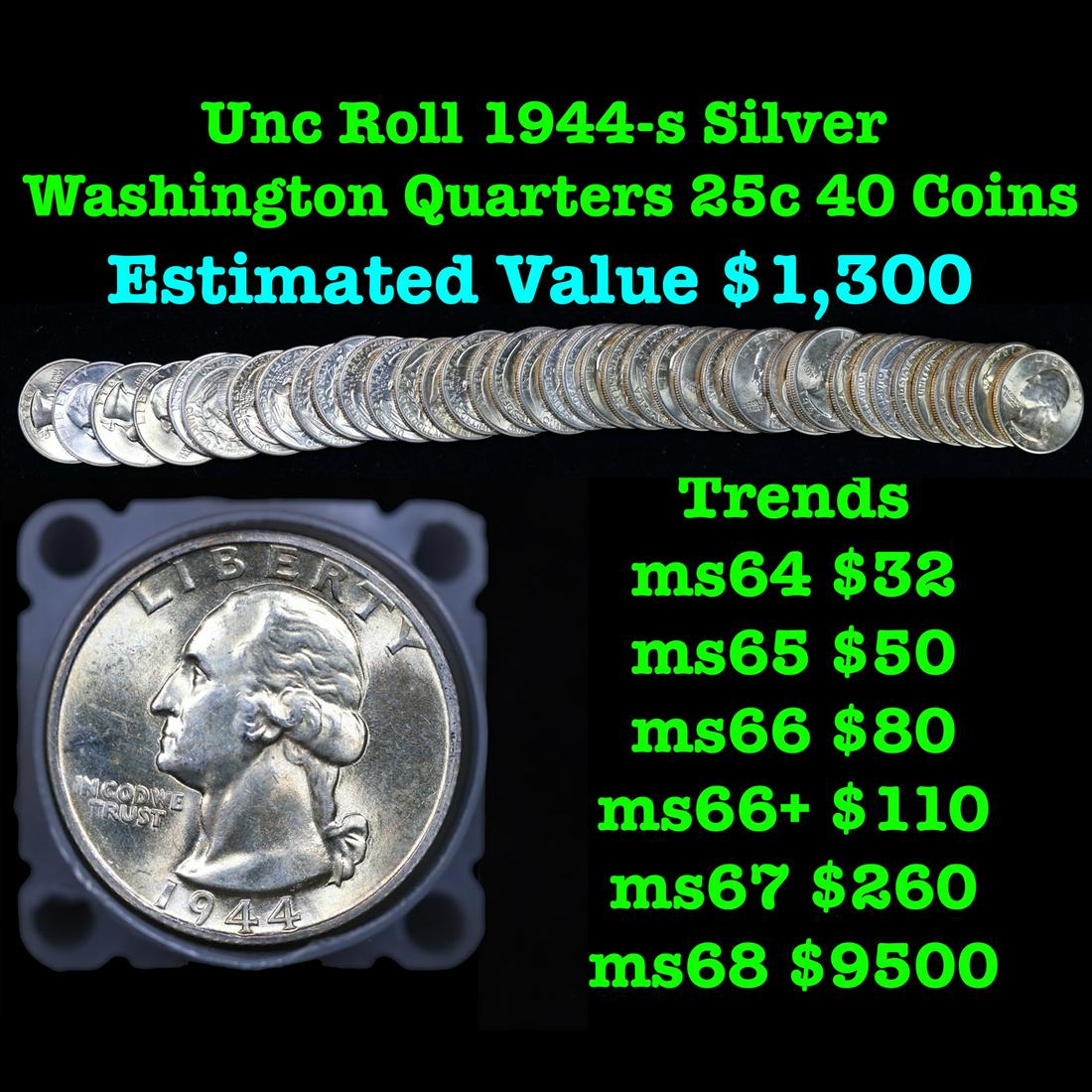 ***Auction Highlight*** Full Roll of 1944-s Washington 25c, 40 coins total. (fc) (1 of 3)