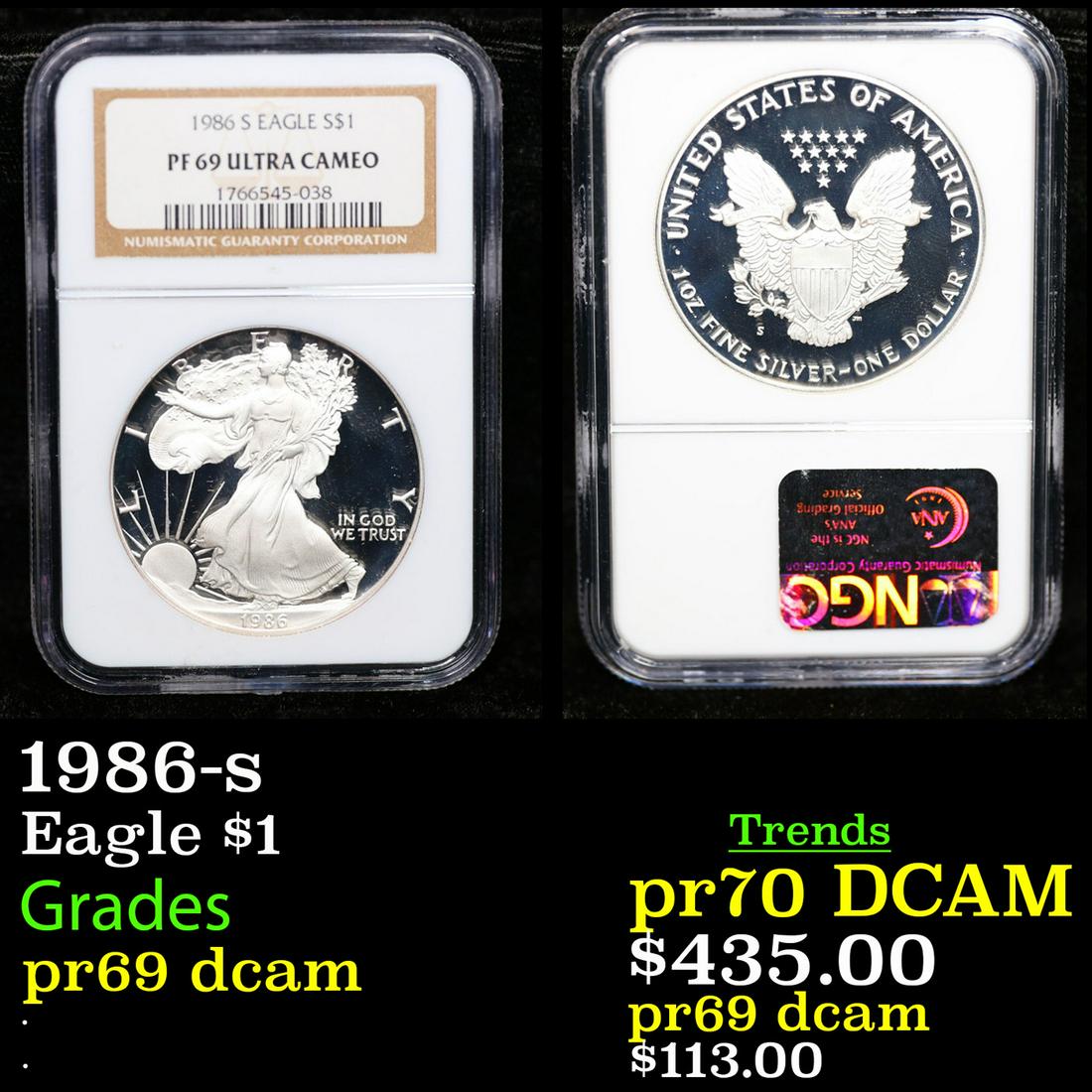 Proof NGC 1986-s Silver Eagle Dollar $1 Graded pr69 dcam By NGC: NGC 1986-s Silver Eagle Dollar $1 Graded pr69 dcam By NGC.
