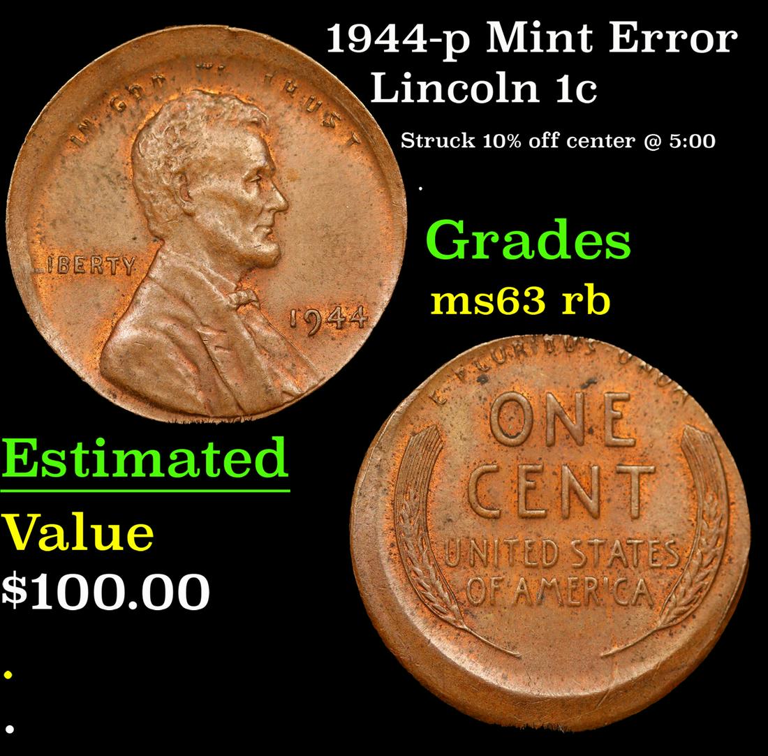 1944-p Lincoln Cent Mint Error 1c Grades Select Unc RB (1 of 3)